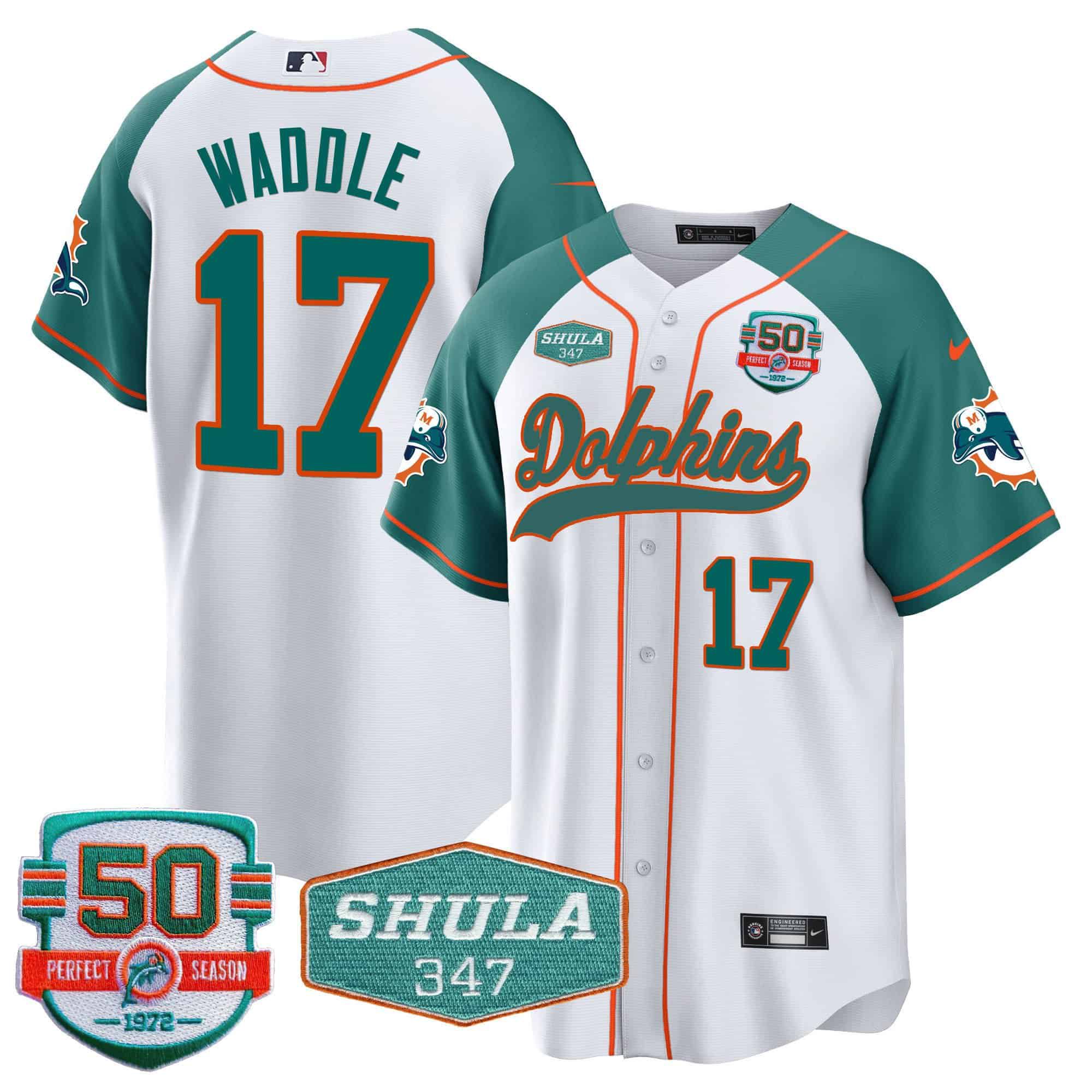 Men Miami Dolphins #17 Waddle White 2024 Nike 50th Don Shula Memorial Patch Baseball NFL Jersey style 1
